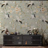 Durable sage green chinoiserie crane wallpaper sticker for wall decor ensures lasting beauty.