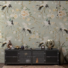 Durable sage green chinoiserie crane wallpaper sticker for wall decor ensures lasting beauty.