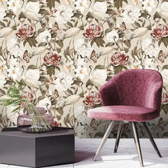 Durable vintage crane and peony botanical wallpaper offers timeless visual appeal.