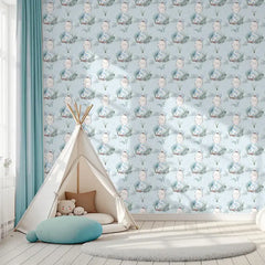 Elegant baby giraffe rainy jungle kids room nursery wallpaper feels warm.