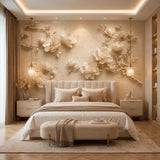Sculpted magnolia mural above an upholstered bed in an elegant ivory bedroom