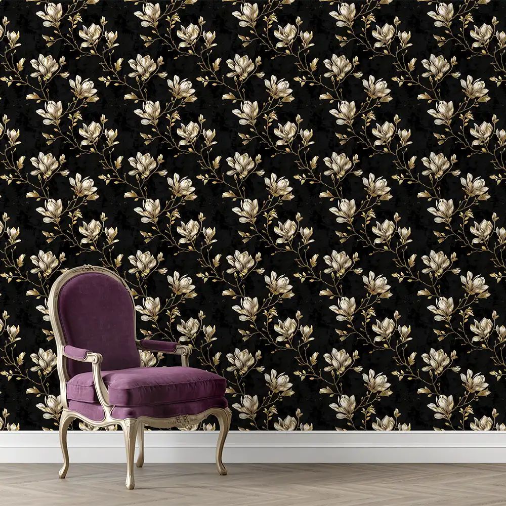 Elegant Black and Gold Magnolia Wallpaper for office spaces.