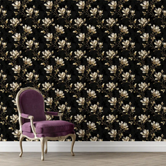 Elegant Black and Gold Magnolia Wallpaper for office spaces.
