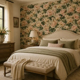 Elegant blush garden rose wallpaper styled on a living room accent wall.