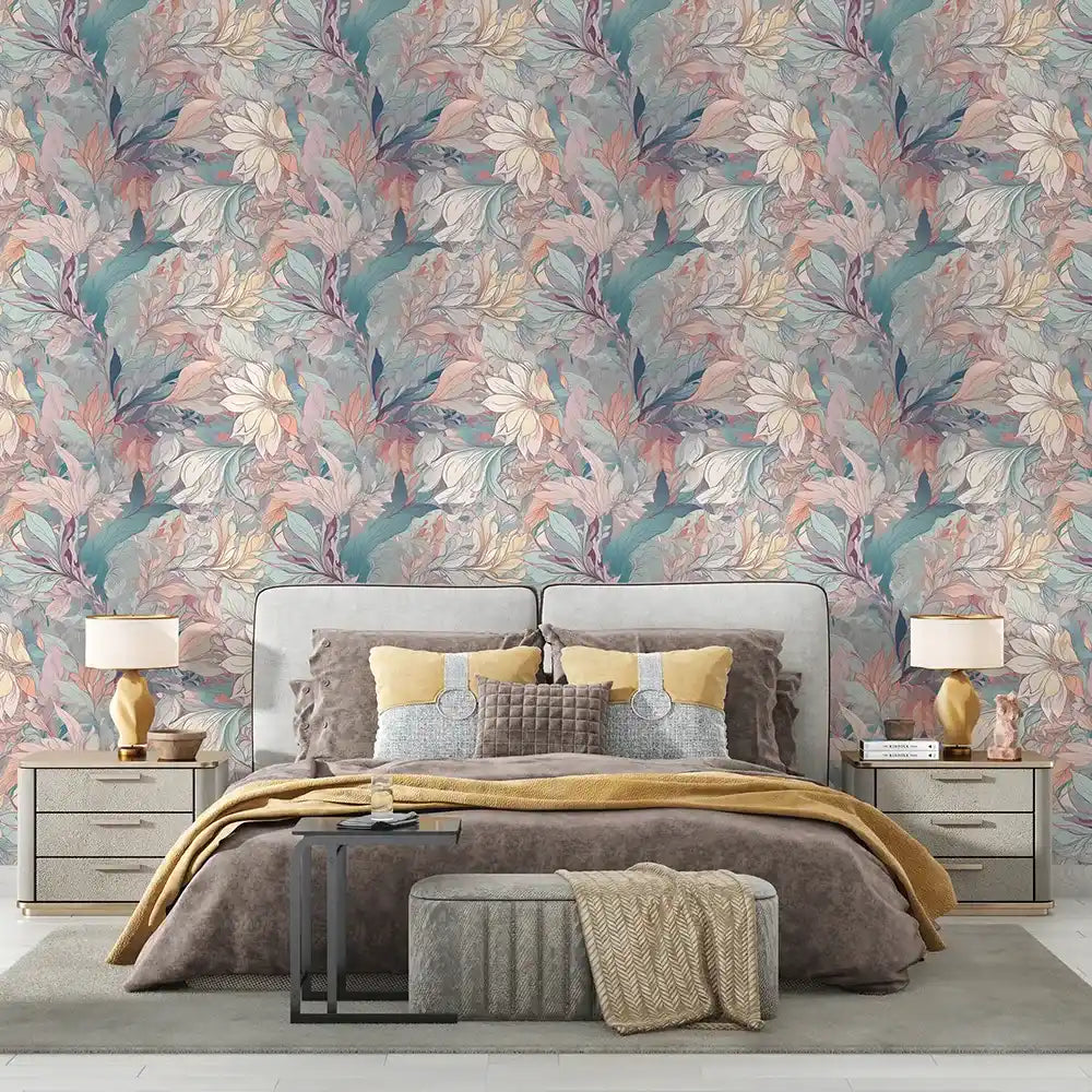 Elegant botanical bloom soft pastel floral wallpaper elevates interior aesthetics.