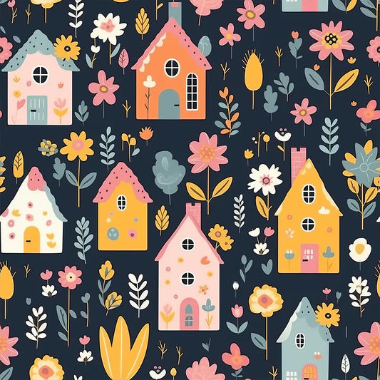 Elegant colorful houses and floral kids room nursery wallpaper feels lively.