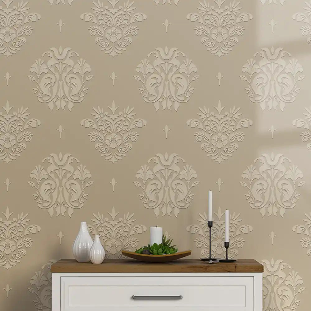Damask wallpaper in charcoal colorway, sophisticated moody bedroom feature wall