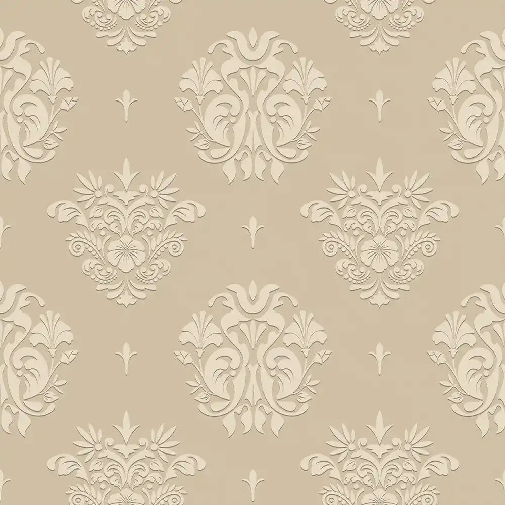 Classic ornamental damask wallpaper sample showing cream ground with gold damask motif