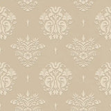 Classic ornamental damask wallpaper sample showing cream ground with gold damask motif