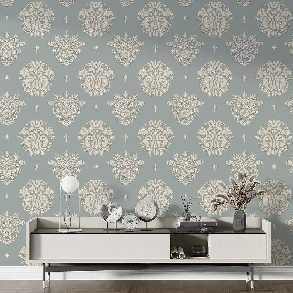 Ornamental damask removable wallpaper full dining room installation, elegant wall design