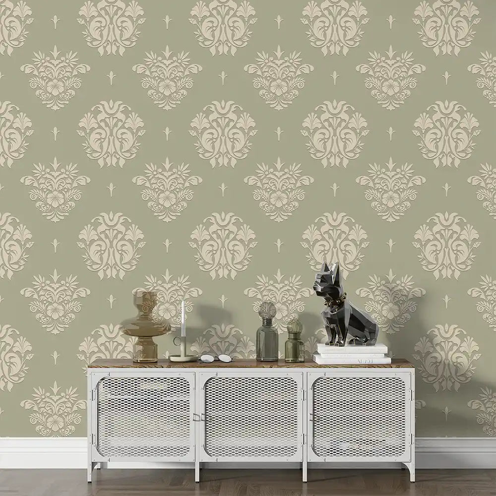 Classic damask peel-and-stick wallpaper close-up showing intricate medallion repeat detail