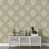 Classic damask peel-and-stick wallpaper close-up showing intricate medallion repeat detail