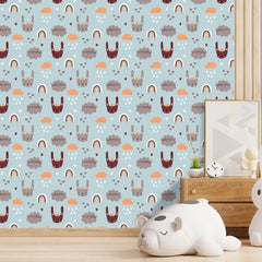 Elegant dreamy bunny and rainbow kids room nursery wallpaper suits calm interiors.