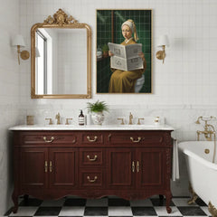 Elegant funny girl with a pearl earring parody bathroom art poster sticker transforms bathrooms.