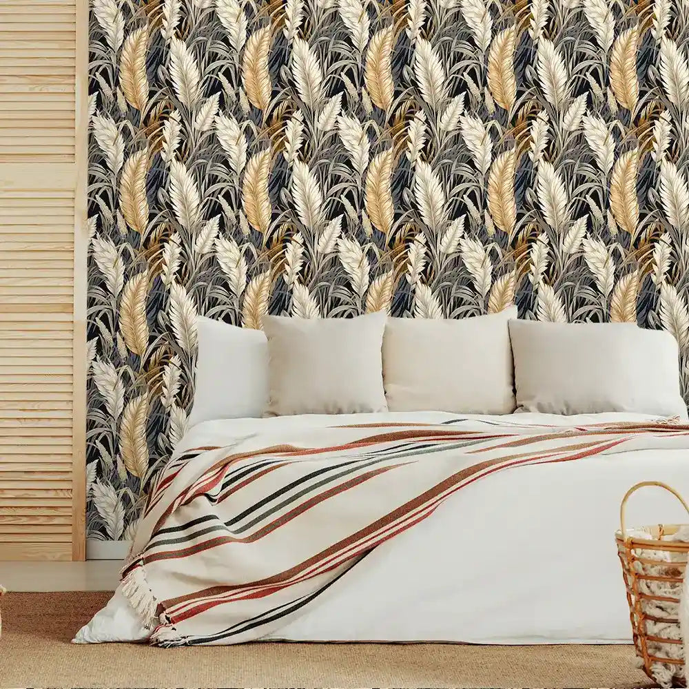 Elegant golden palm luxury tropical wallpaper defines striking feature walls.