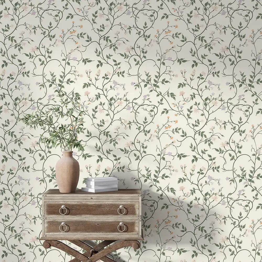 Elegant ivory botanical vine wallpaper sticker for feature wall looks premium.