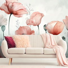 Elegant minimal watercolor floral wall mural sticker for bedroom wall decor creates softness.