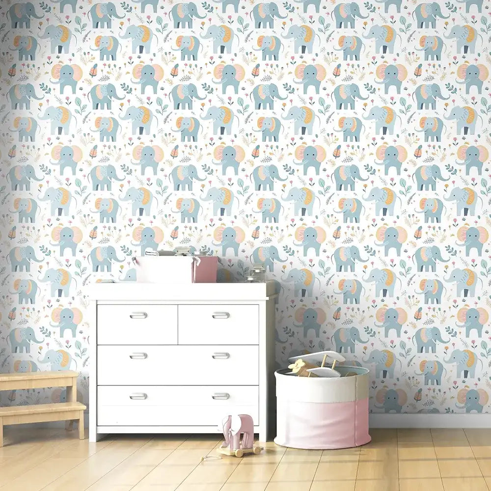 Elegant pastel baby elephant kids room nursery wallpaper looks soothing.