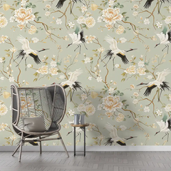 Elegant sage green chinoiserie crane wallpaper sticker for feature wall decor looks premium.