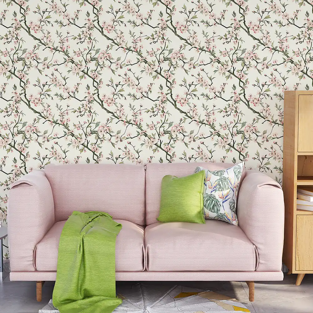 Elegant soft pink sakura botanical wall mural sticker for feature wall looks refined.