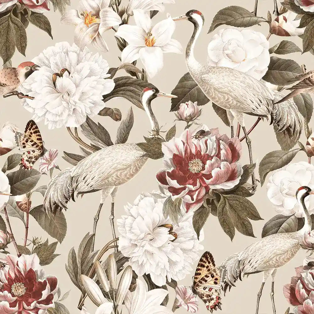 Elegant vintage crane and peony botanical wallpaper transforms feature walls beautifully.