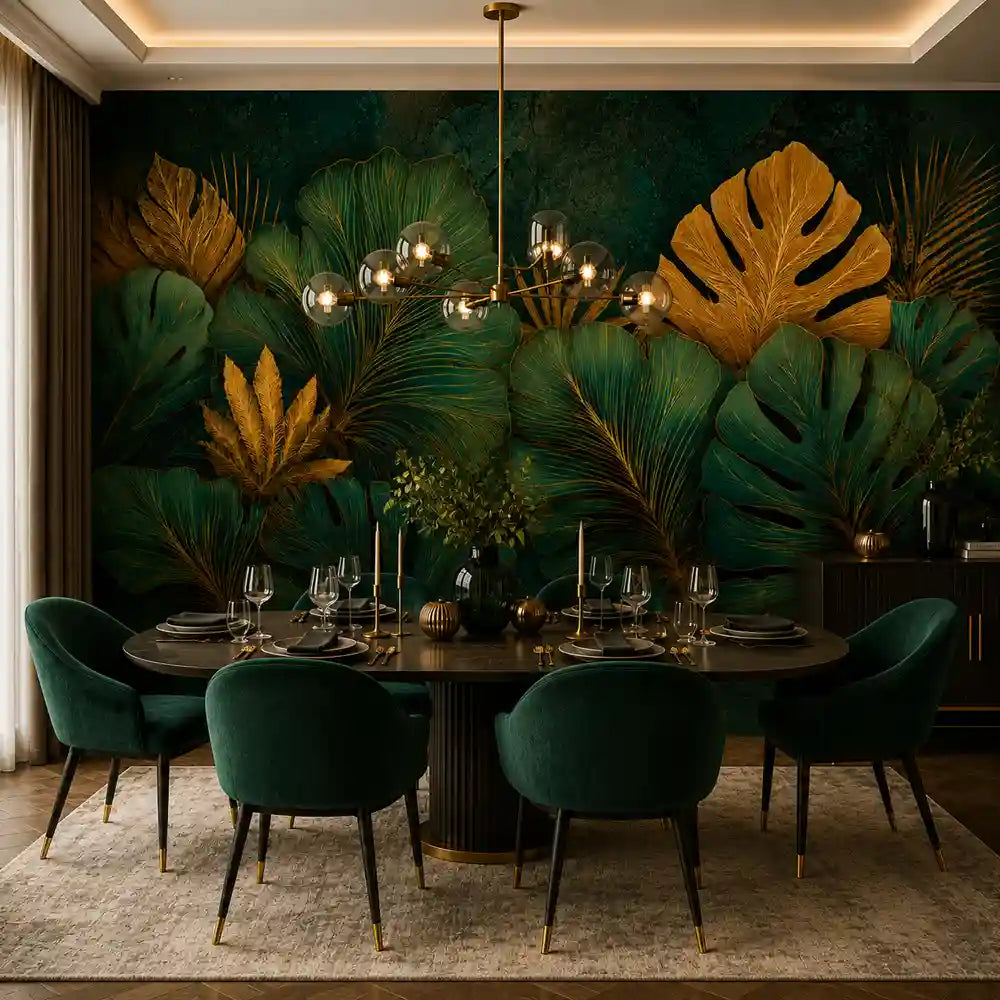 Peel-and-stick tropical mural in living room, bold emerald green statement wall
