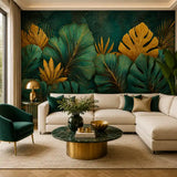 Tropical botanical mural close-up with golden monstera leaves and exotic florals