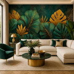 Tropical botanical mural close-up with golden monstera leaves and exotic florals