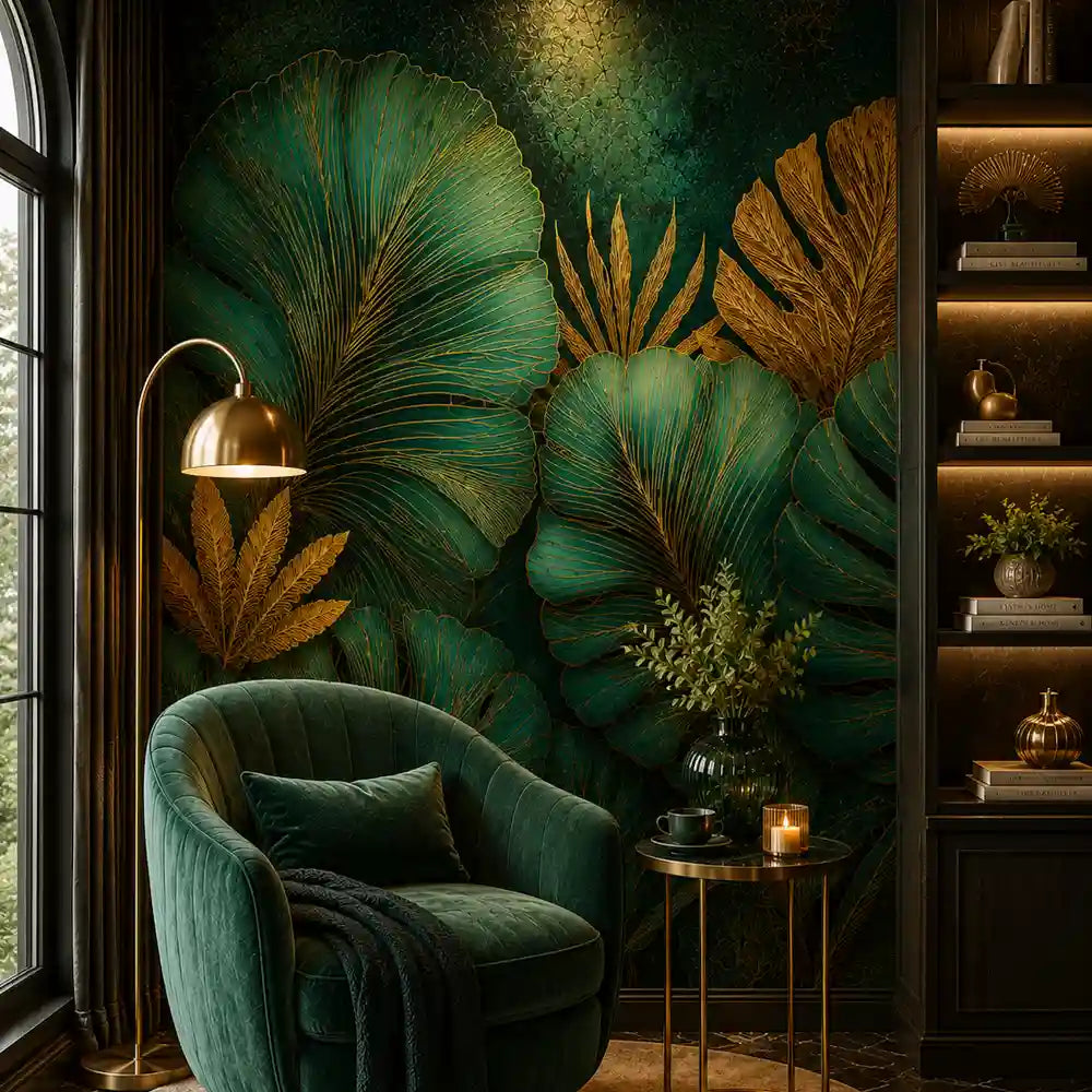 Emerald gold tropical mural showing palm leaf canopy detail, rich green tones