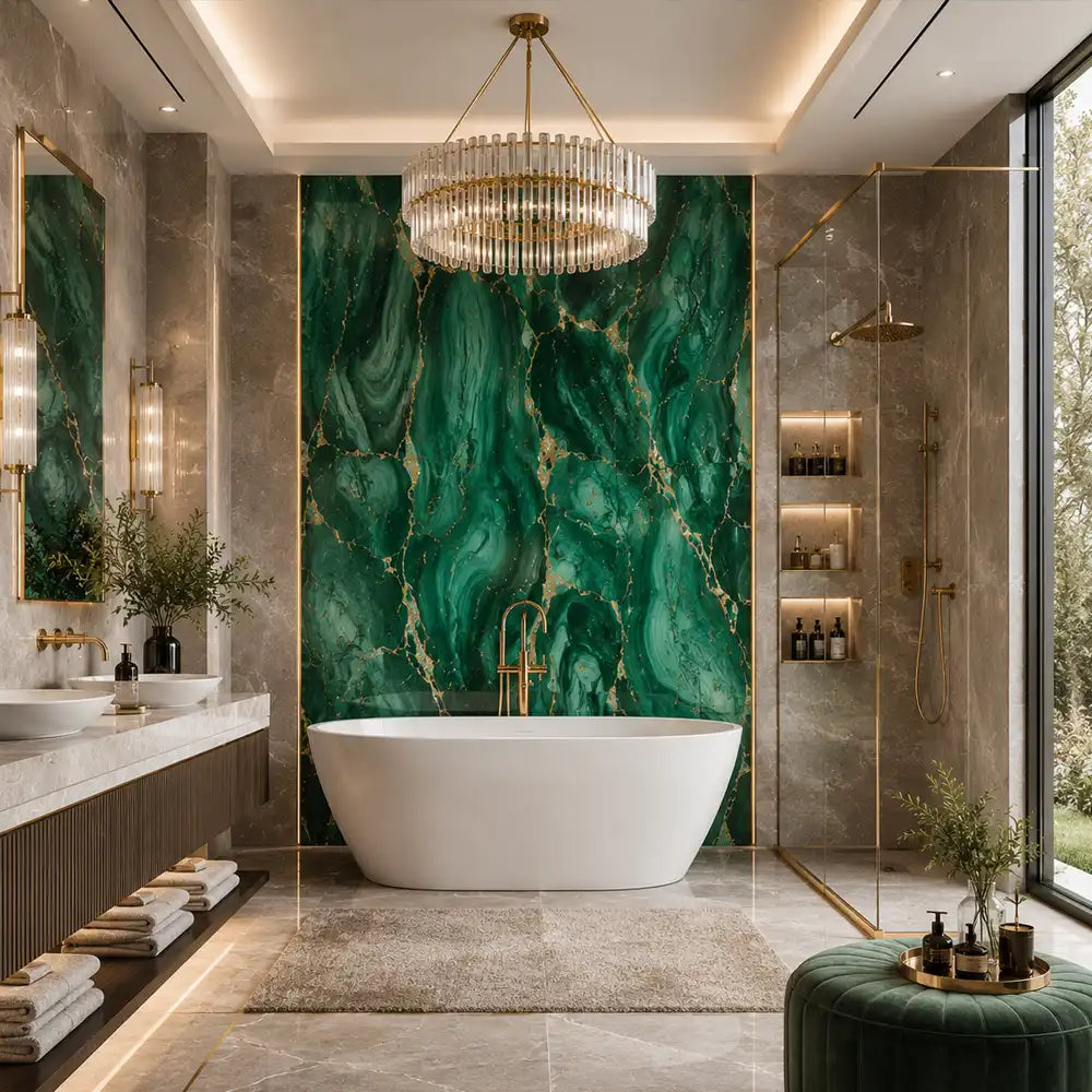 Emerald marble peel-and-stick mural full bedroom installation, lush green luxury wall