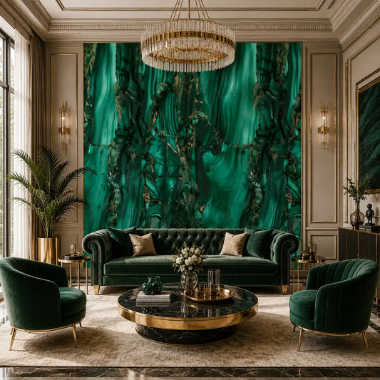 Emerald vein marble mural close-up showing deep green veins and white marble base