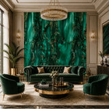 Emerald vein marble mural close-up showing deep green veins and white marble base