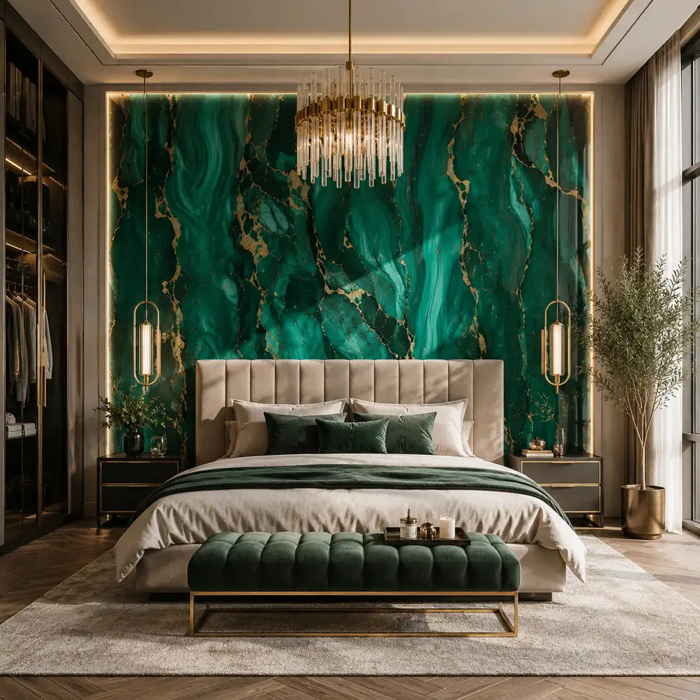 Green marble removable mural in living room, sophisticated stone accent wall styling