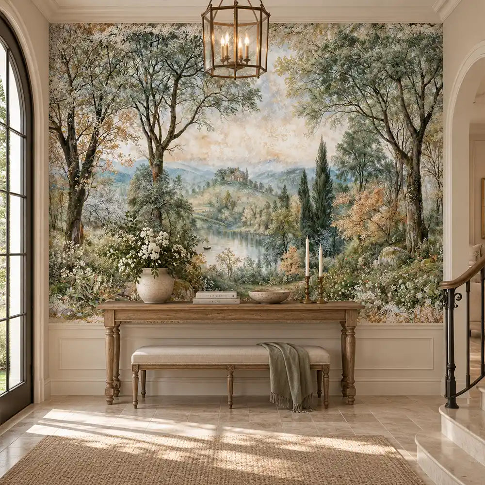 Entryway console and lantern with a removable pastoral landscape wallpaper mural