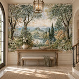 Entryway console and lantern with a removable pastoral landscape wallpaper mural