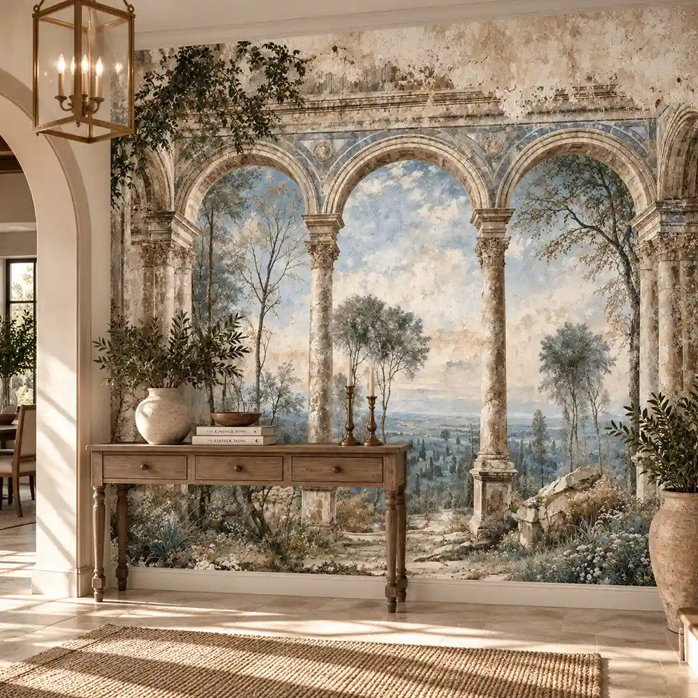 Entryway console and lantern with a removable old world Italian arches mural