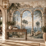 Entryway console and lantern with a removable old world Italian arches mural