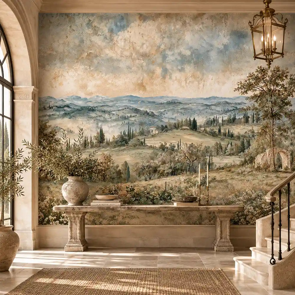 Entryway console and staircase with a removable Tuscan fresco wallpaper mural