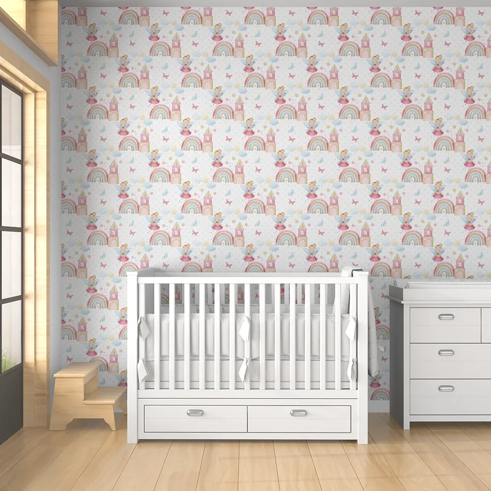 Fairy princess rainbow castle kids room wallpaper creates magical spaces.