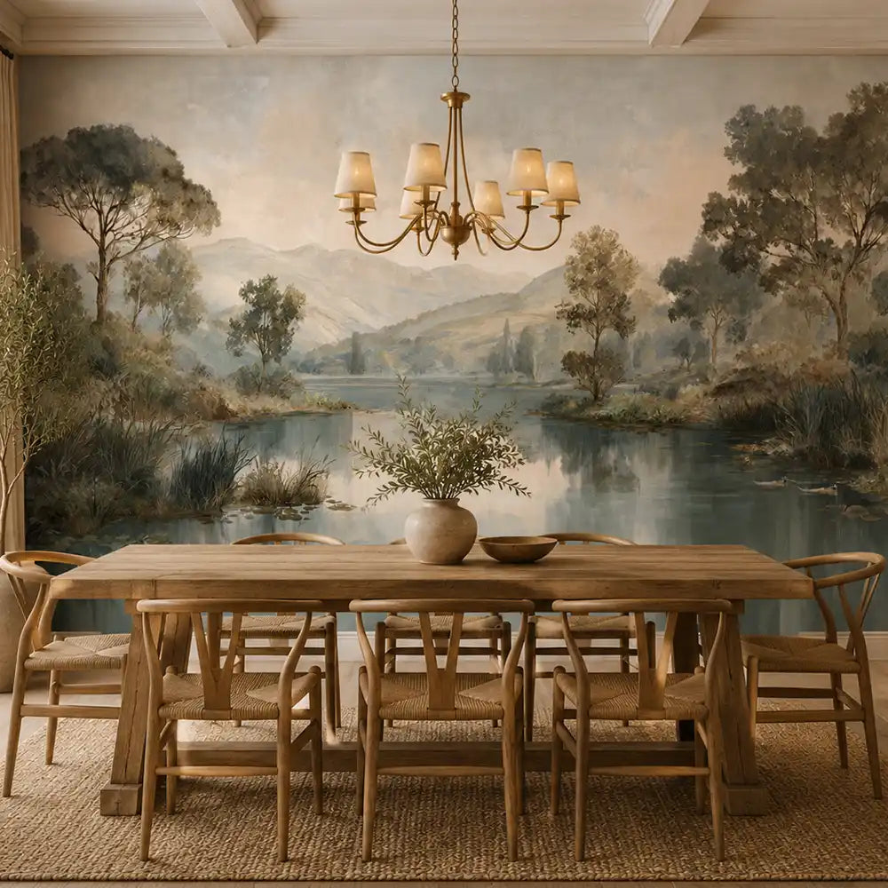 Panoramic lake mural wallpaper in a farmhouse dining room with candle chandelier