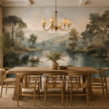 Panoramic lake mural wallpaper in a farmhouse dining room with candle chandelier