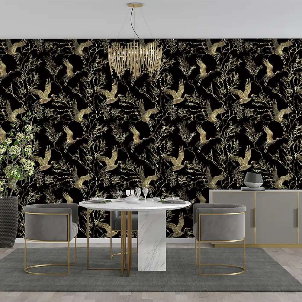 Create a feature wall with Black and Gold Crane Wallpaper.