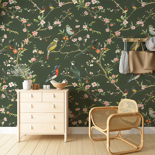 Create a stunning feature wall with Green Chinoiserie Bird Wallpaper.