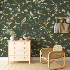 Create a stunning feature wall with Green Chinoiserie Bird Wallpaper.