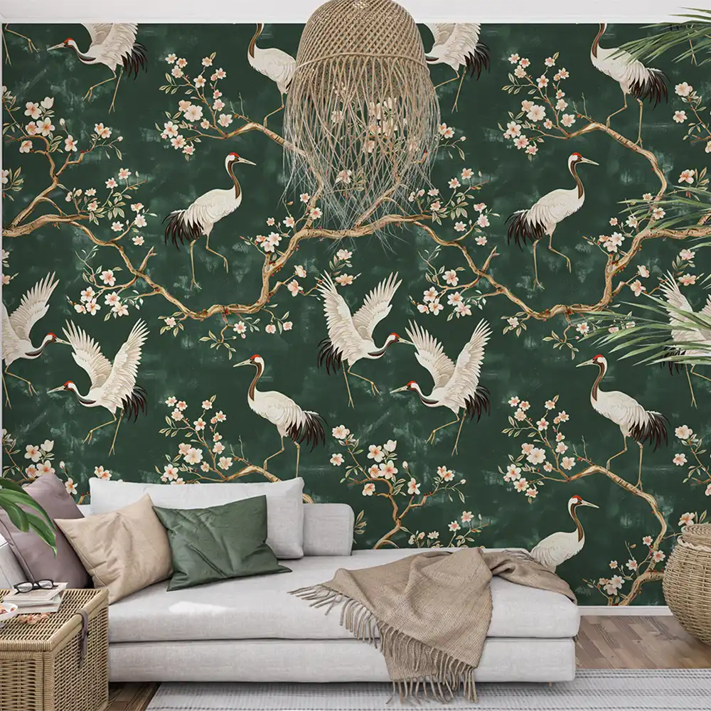 Create a feature wall with Green Chinoiserie Crane Wallpaper.