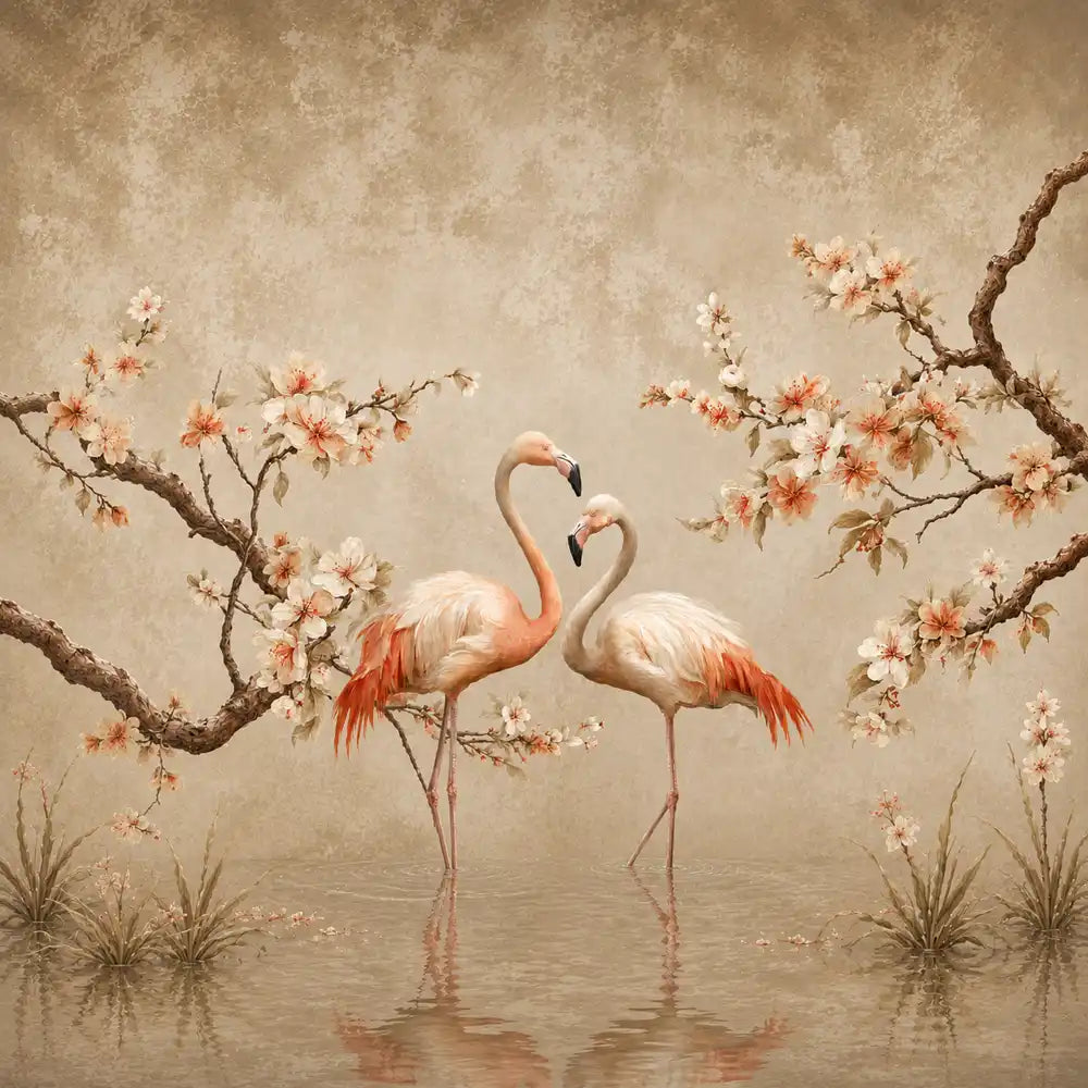 Blush flamingo blossom mural design with pink flamingos on beige blossom branches