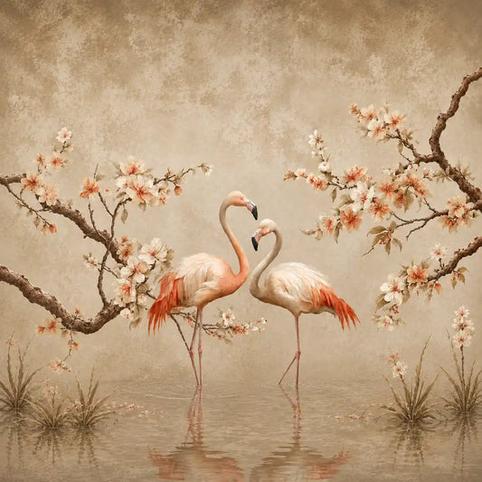 Blush flamingo blossom mural design with pink flamingos on beige blossom branches
