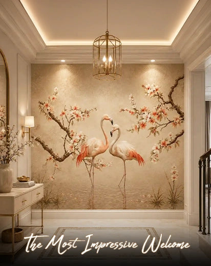 Pink flamingo and blossom mural wallpaper in an elegant entryway hallway