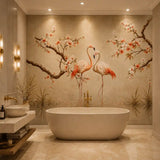 Flamingo blossom mural behind a freestanding tub in a beige luxury bathroom