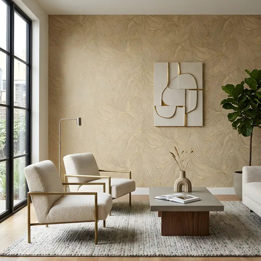 Flowing lines peel-and-stick wallpaper installed full room view, scale reference detail